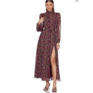 Saloni Floral High Neck Long Sleeve Maxi Dress US 6 Silk Burgundy